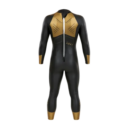 A full-body black and gold athletic suit shown from the back on a white background, featuring a central zipper, gold shoulder panels, and gold accents on the hands and feet.
