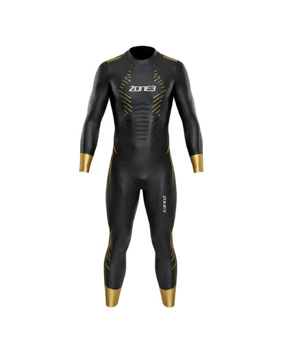 A black full-body wetsuit with gold accents and white branding, shown on a clean white background. The suit features the brand name 'zone3' on the chest and 'ZON3' on the thigh.