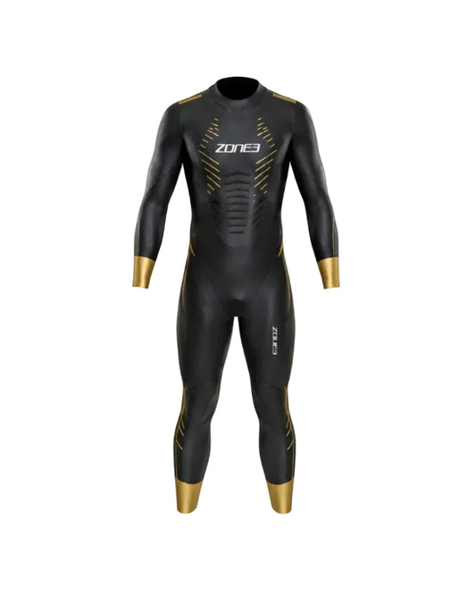 A black full-body wetsuit with gold accents and white branding, shown on a clean white background. The suit features the brand name 'zone3' on the chest and 'ZON3' on the thigh.